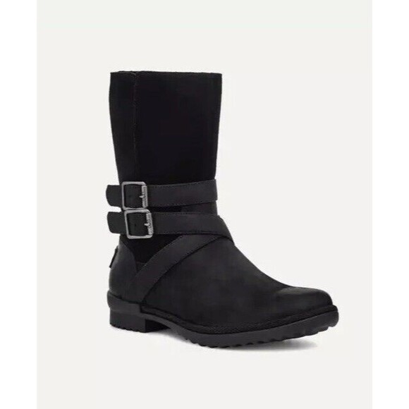 Ugg Lorna Mid Black Boots Leather Suede Zip Fur Wool Lining Sz 7 - Picture 1 of 13